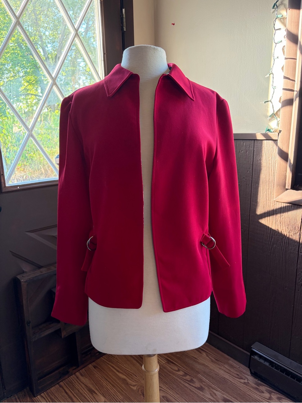 Dress Barn Red Blazer Open-Front Collar Blazer Jacket with Waist Buckles